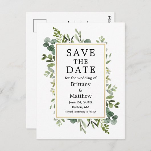 Botanisch groen Eucalyptus Bewaar de datum Briefkaart (Voorkant / Achterkant)