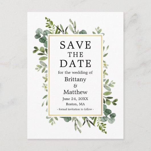 Botanisch groen Eucalyptus Bewaar de datum Briefkaart (Voorkant)