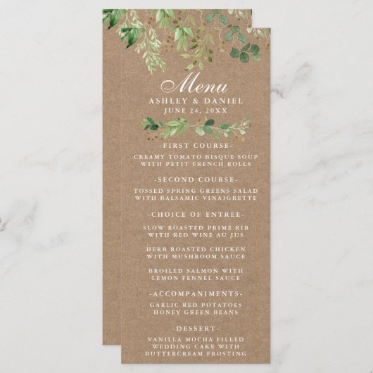 Botanisch groen eucalyptus trouwdag kraft menu (Voorkant / Achterkant)
