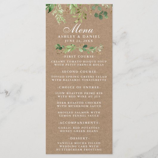 Botanisch groen eucalyptus trouwdag kraft menu (Voorkant)