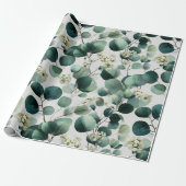 Botanisch groen Eucalyptus Wit bloempatroon Cadeaupapier (Uitgerold)