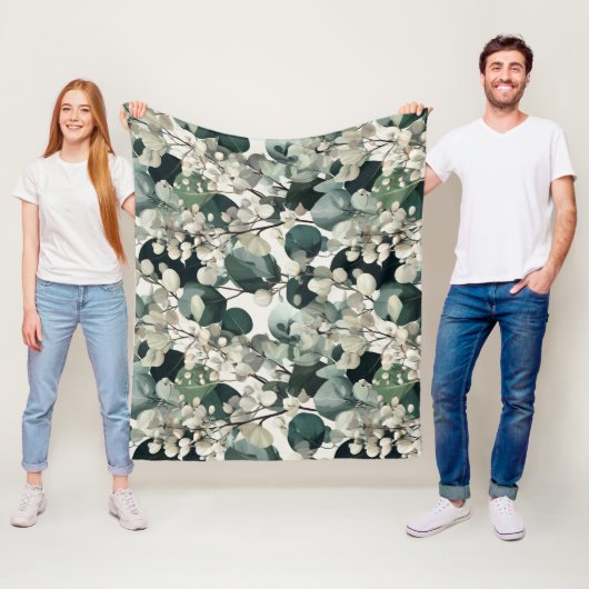Botanisch groen Eucalyptus Wit bloempatroon Fleece Deken (In situ)