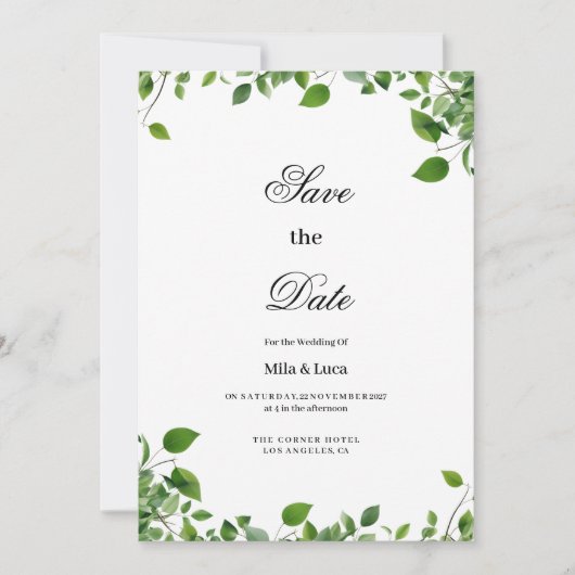 Botanisch groen gebladerte eenvoudig Save the Date Kaart (Voorkant)