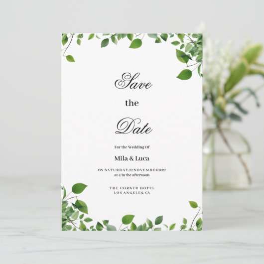 Botanisch groen gebladerte eenvoudig Save the Date Kaart (Staand voorkant)