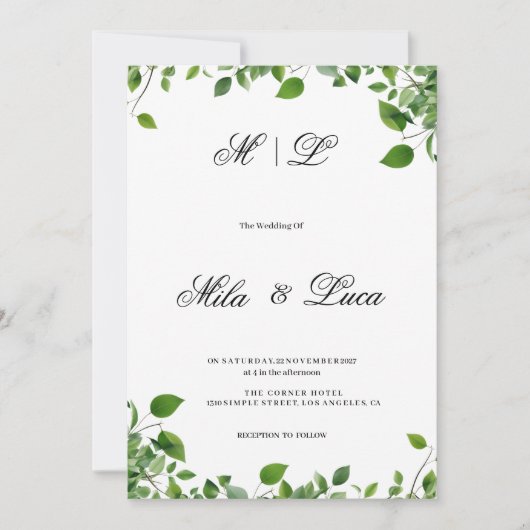 Botanisch groen gebladerte eenvoudige bruiloft kaart (Voorkant)