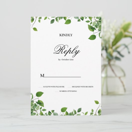 Botanisch groen gebladerte eenvoudige bruiloft RSV Kaart (Staand voorkant)