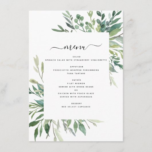 Botanisch groen gebladerte Waterverf bruiloft menu (Voorkant)