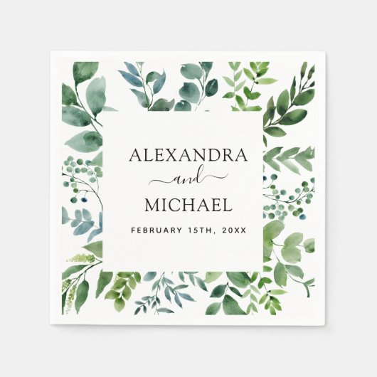 Botanisch groen gebladerte Waterverf bruiloft napk Servet (Voorkant)