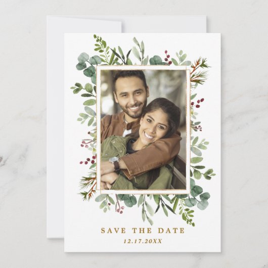Botanisch groen goud winter bruiloft foto save the date (Voorkant)