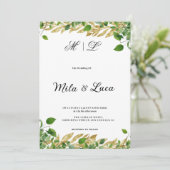 Botanisch groen gouden gebladerte bruiloft kaart (Staand voorkant)