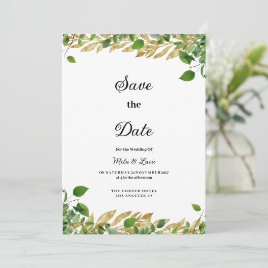 Botanisch groen gouden gebladerte Save the Date Kaart (Staand voorkant)