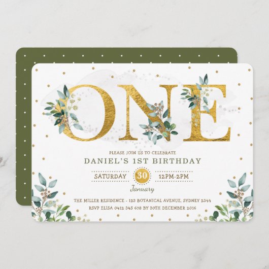 Botanisch groen jongen 1e verjaardag partij kaart (Voorkant / Achterkant)