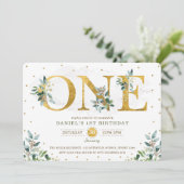 Botanisch groen jongen 1e verjaardag partij kaart (Staand voorkant)