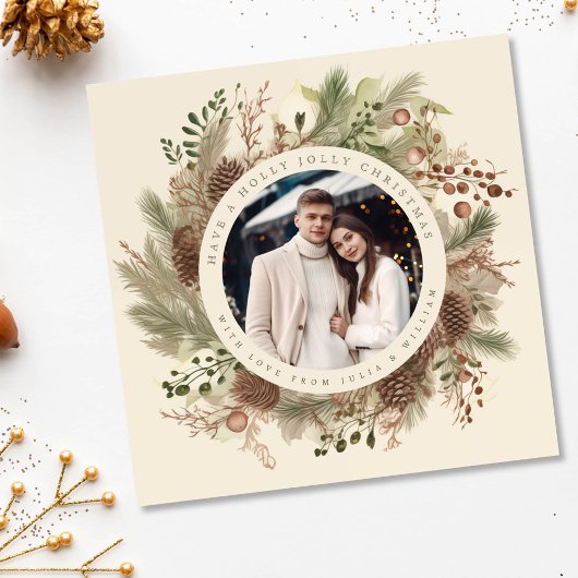 Botanisch groen kerst foto zwart vierkant feestdagenkaart