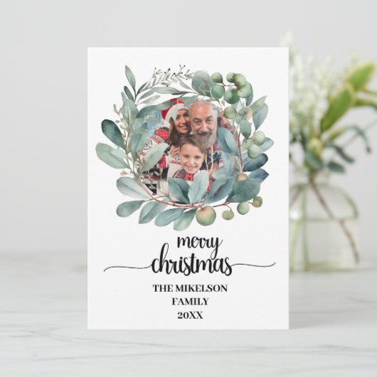 Botanisch groen Kerstmis Foto Plein Vakantie Feestdagenkaart (Staand voorkant)