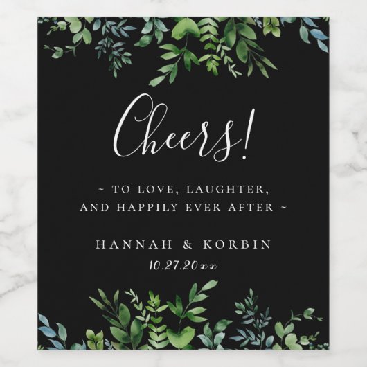 Botanisch groen Lijst zwart bruiloft Wijn Etiket (Enkel label)