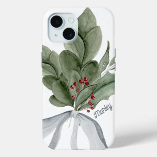Botanisch groen maretak gepersonaliseerd iPhone 15 case
