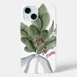Botanisch groen met bessen gepersonaliseerd iPhone 15 case