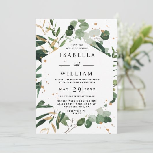 Botanisch groen Modern Goud Eucalyptus Bruiloft Kaart (Staand voorkant)