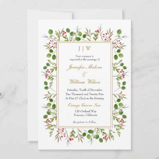 Botanisch groen Monogam Kerstbruiloft Kaart (Voorkant)