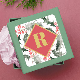 Botanisch groen monogram Kerstmis Vierkante Sticker