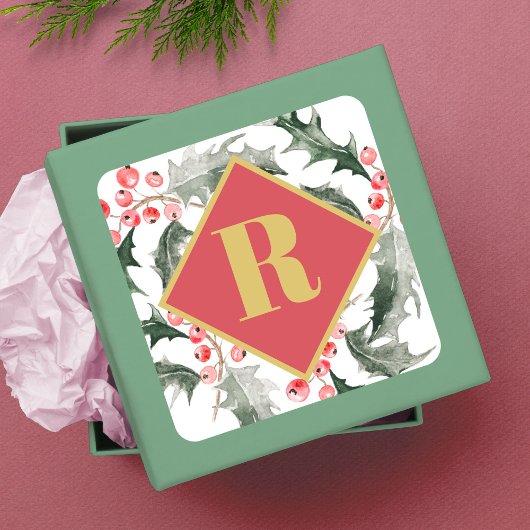 Botanisch groen monogram Kerstmis Vierkante Sticker