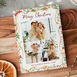 Botanisch groen patroon Vrolijk kerstfeest 3 Foto Feestdagenkaart