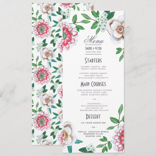 Botanisch Groen Roze Floral Wedding Menu (Voorkant / Achterkant)