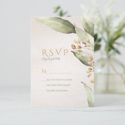 Botanisch groen  rustiek bruiloft RSVP (Staand voorkant)