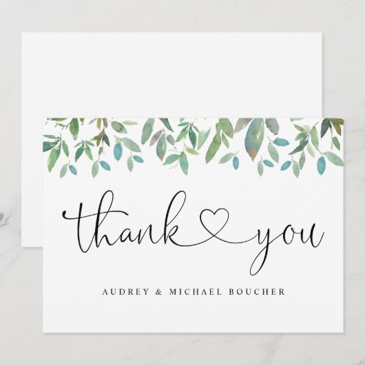 Botanisch groen Salie Groene Hart Bruiloft Bedankkaart (Voorkant / Achterkant)