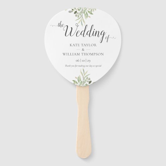 Botanisch groen script huwelijksprogramma handwaaier (Voorkant)