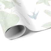 Botanisch groen  sierlijke bloemengrijze vogeltjes cadeaupapier (Rol Hoek)