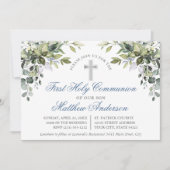Botanisch groen Stoffig Blauw Eerste Communie Kaart (Voorkant)