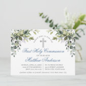 Botanisch groen Stoffig Blauw Eerste Communie Kaart (Staand voorkant)