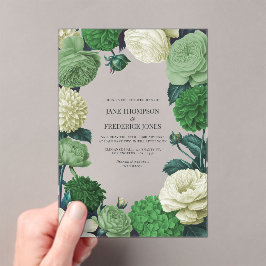 Botanisch groen, varenschaduw en ivoorknop bruilof acryl uitnodigingen