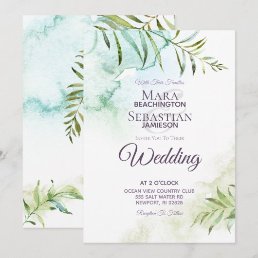 ~ Botanisch groen Waterverf Elegante bruiloft Kaart (Voorkant / Achterkant)