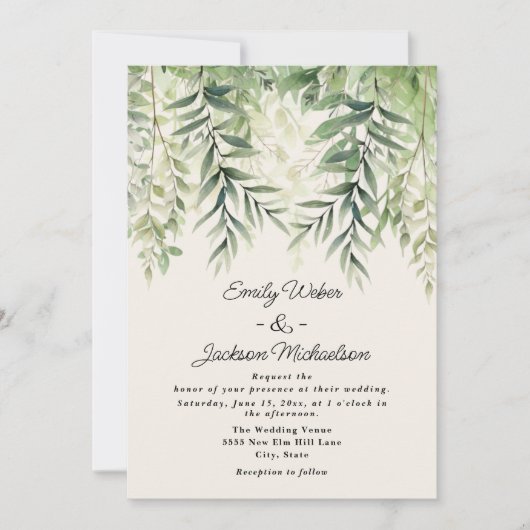 Botanisch groen Waterverf verlaat bruiloft Kaart (Voorkant)