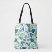 Botanisch groen & wit blad patroon monogram tote bag (Voorkant)