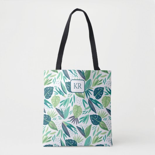 Botanisch groen & wit blad patroon monogram tote bag (Voorkant)