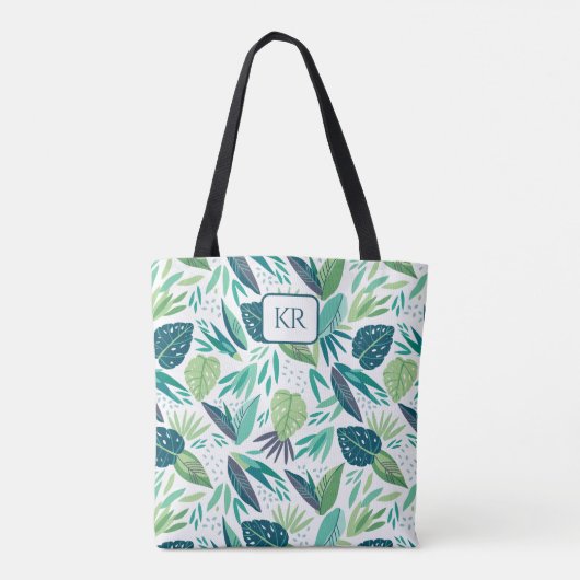 Botanisch groen & wit blad patroon monogram tote bag (Achterkant)