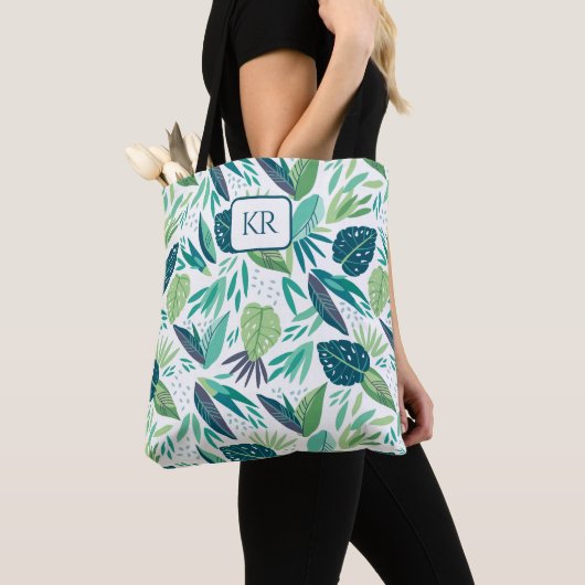 Botanisch groen & wit blad patroon monogram tote bag (Dichtbij)