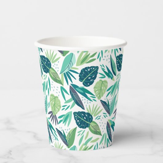 Botanisch Groen & Wit Bladpatroon Papieren Bekers (Voorkant)