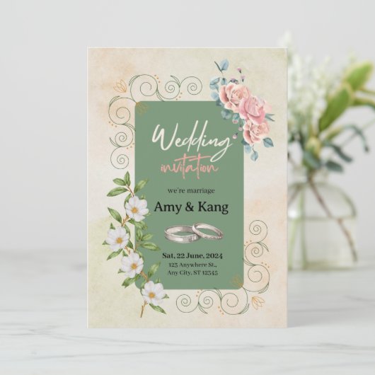 Botanisch groen wit waterverf bloemenbruiloft kaart (Staand voorkant)