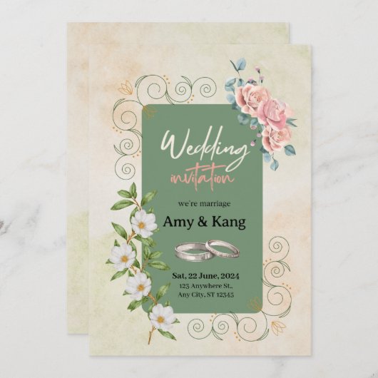 Botanisch groen wit waterverf bloemenbruiloft kaart (Voorkant / Achterkant)