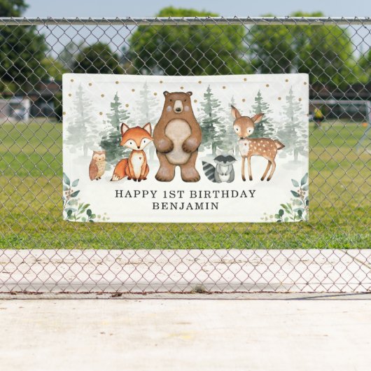 Botanisch groen Woodland Dieren 1e verjaardag Spandoek (Insitu)