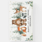 Botanisch groen Woodland Dieren 1e verjaardag Spandoek (Verticaal)