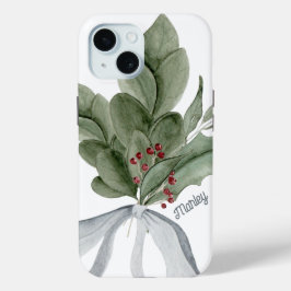 Botanisch groen zilveren lint gepersonaliseerd iPhone 15 case