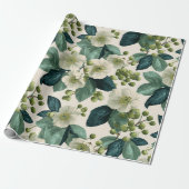 Botanisch groene bloemcrème bloempatroon cadeaupapier (Uitgerold)