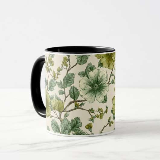 Botanisch groene bloemcrème bloempatroon mok (Voorkant links)