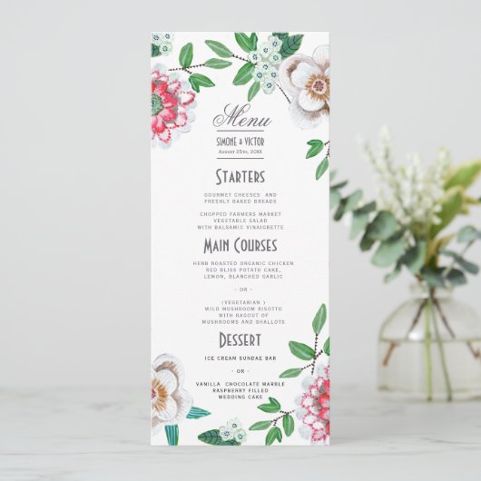 Botanisch groene roze bloemen bruiloftsmenu menu (Staand voorkant)
